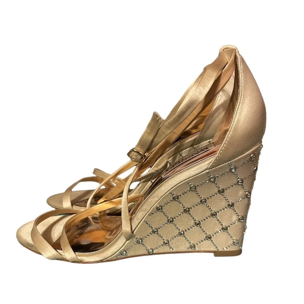 BADGLEY MISCHKA JEWELED SATIN WEDGES